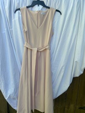 Calvin Klein Blush Pink Midi Dress Size 14 | Belted Fit & Flare Wedding Guest